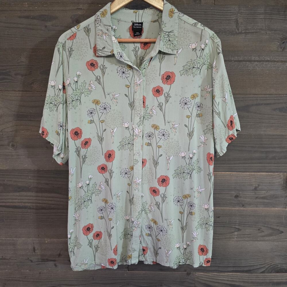 Disney Our Universe Tinker Bell Shirt Women L Floral Fairy Rayon Button Up Green